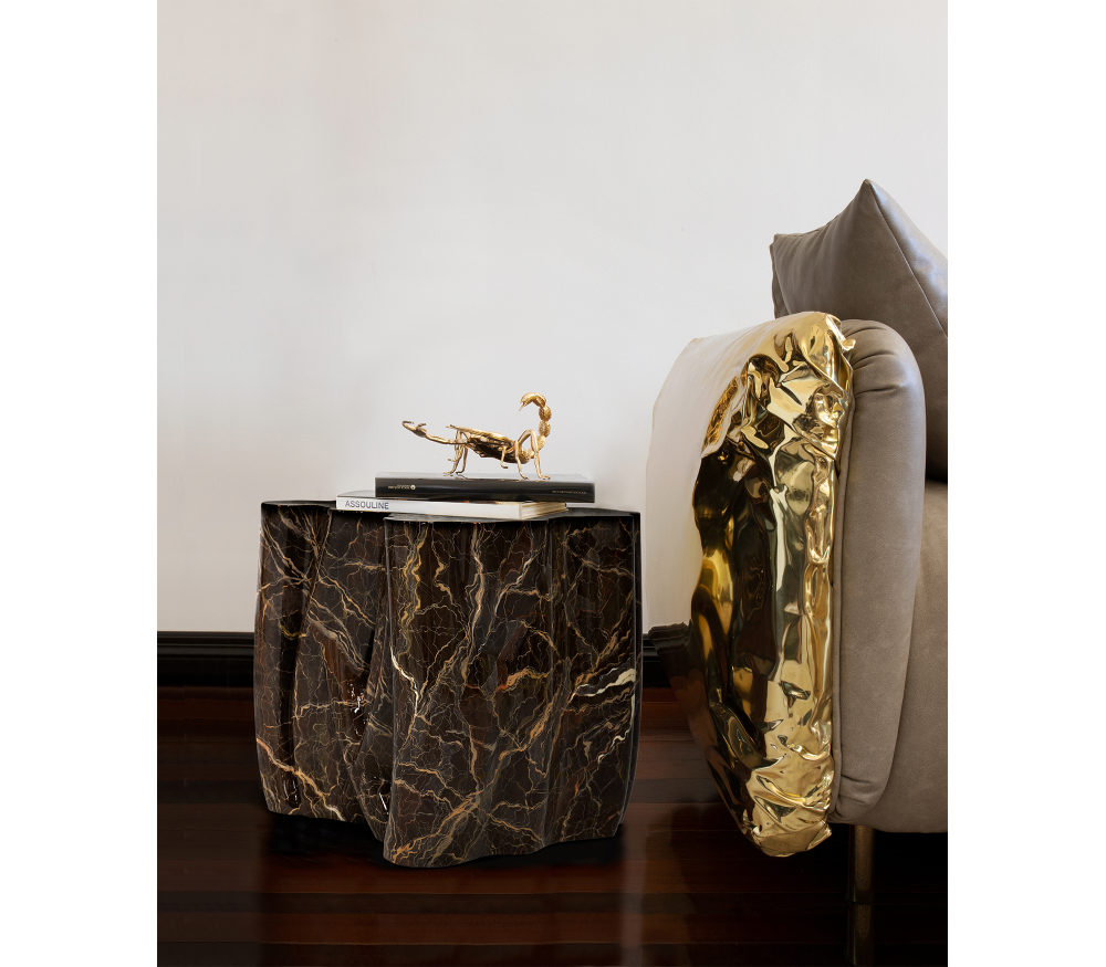 MONOCHROME BROWN FAUX-MARBLE SIDE TABLE